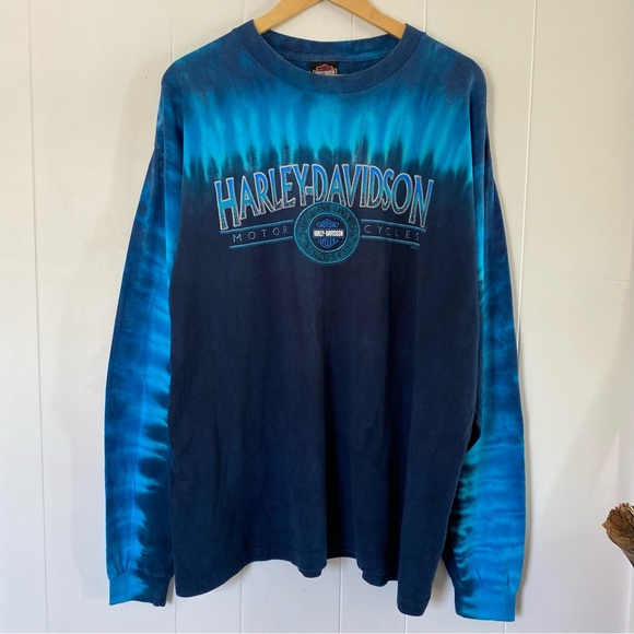 Harley-Davidson Other - Vintage Harley Davidson Tie Dye Blue Long Sleeve Shirt Logo Motorcycle USA Retro
